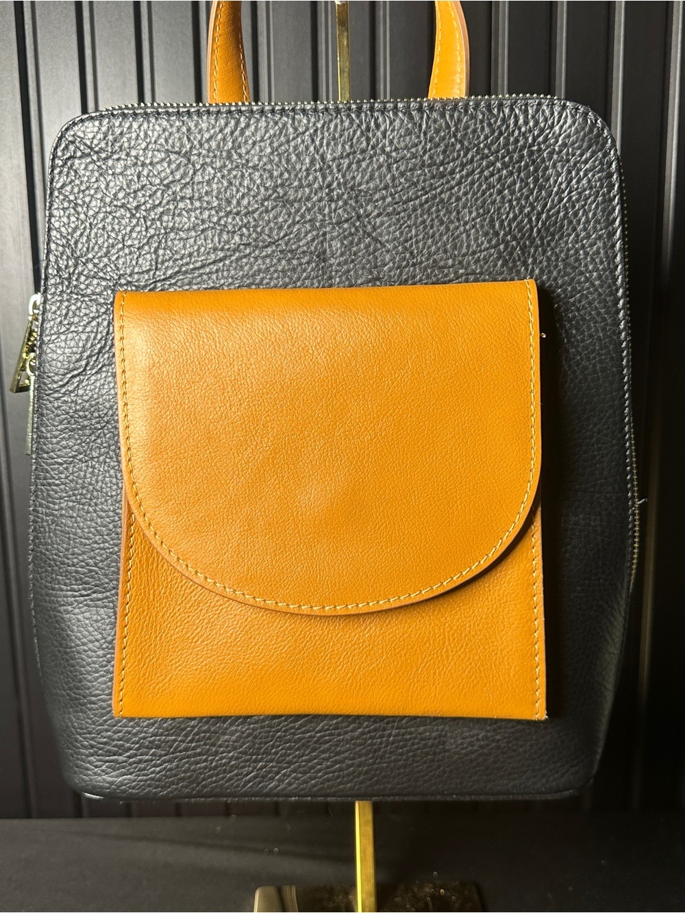 Two-Tone Black and Brown Leather Backpack Convertible Crossbody Made in Italy